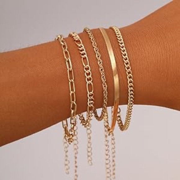 5 Pcs Stackable Paperclip Link Herringbone Figaro Rope Cuban Chain Bracelets Set - Picture 5 of 14